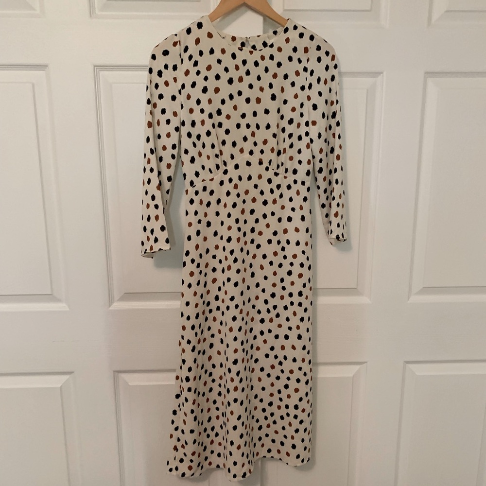 Beautiful Open Back Medi Dress, Size 4. Cream Color with Black and Brown Spots.